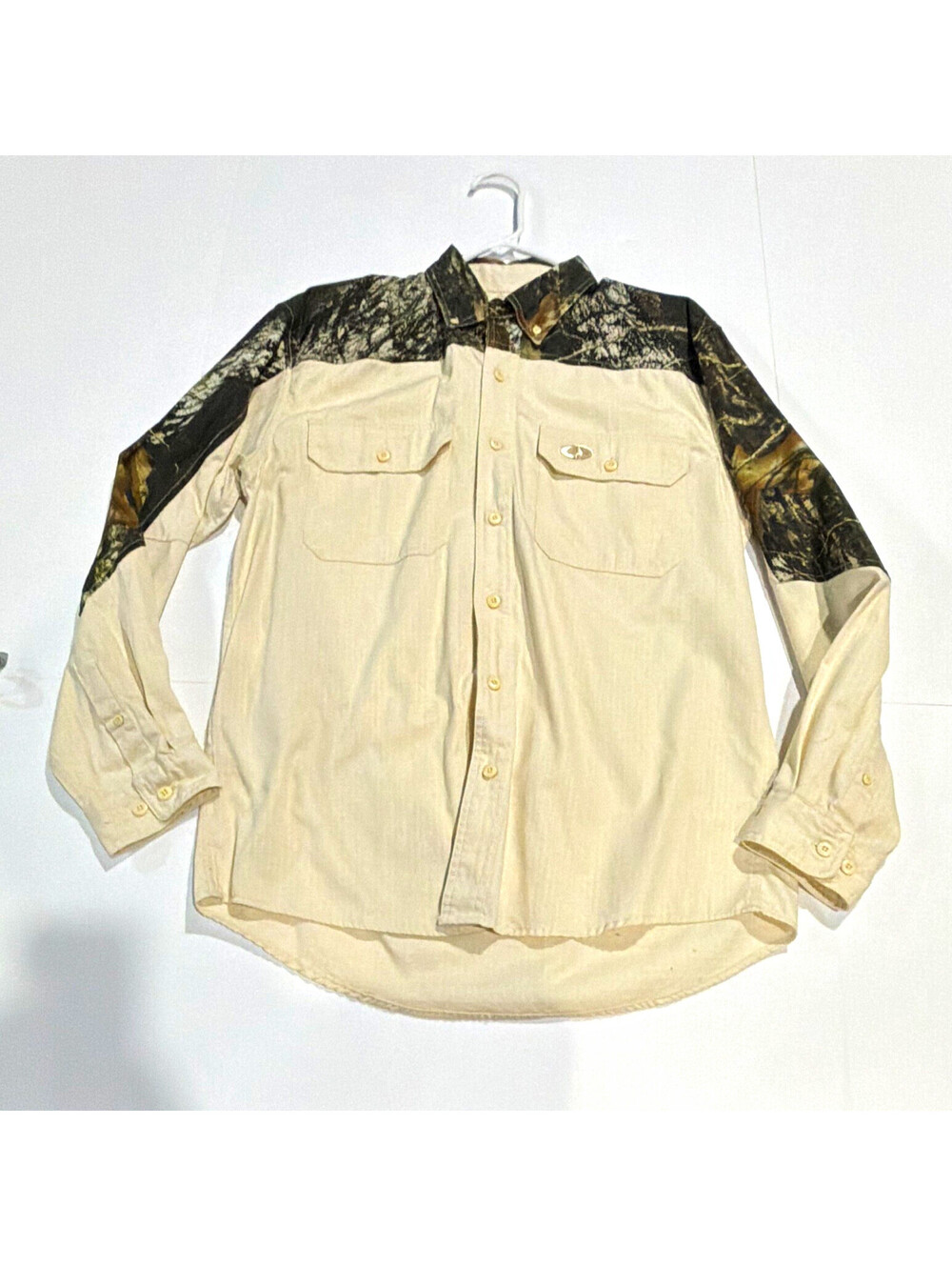 Mossy Oak Men's M Long Sleeve Beige Camo Cotton Button-Front Shirt Pockets